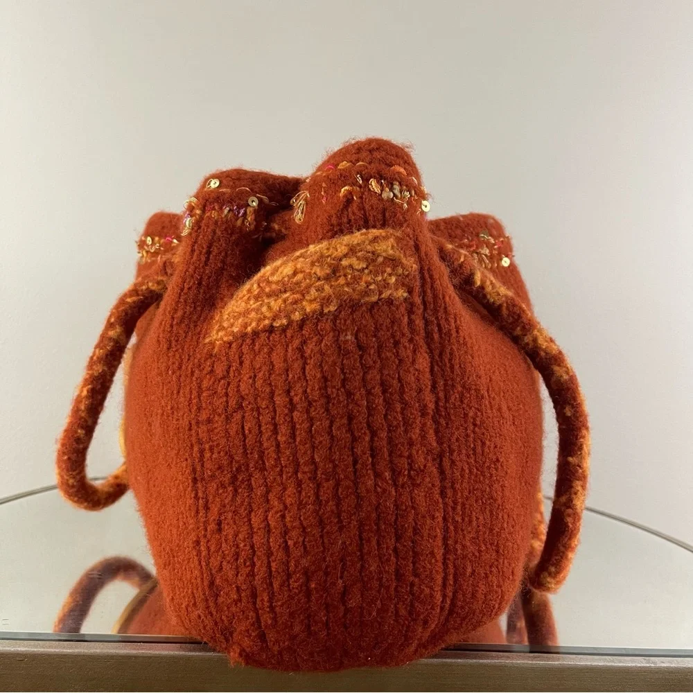 90s Burnt Orange Handmade Sequin Knit Felted Wool Slouchy Hobo Shoulder Bag Tote